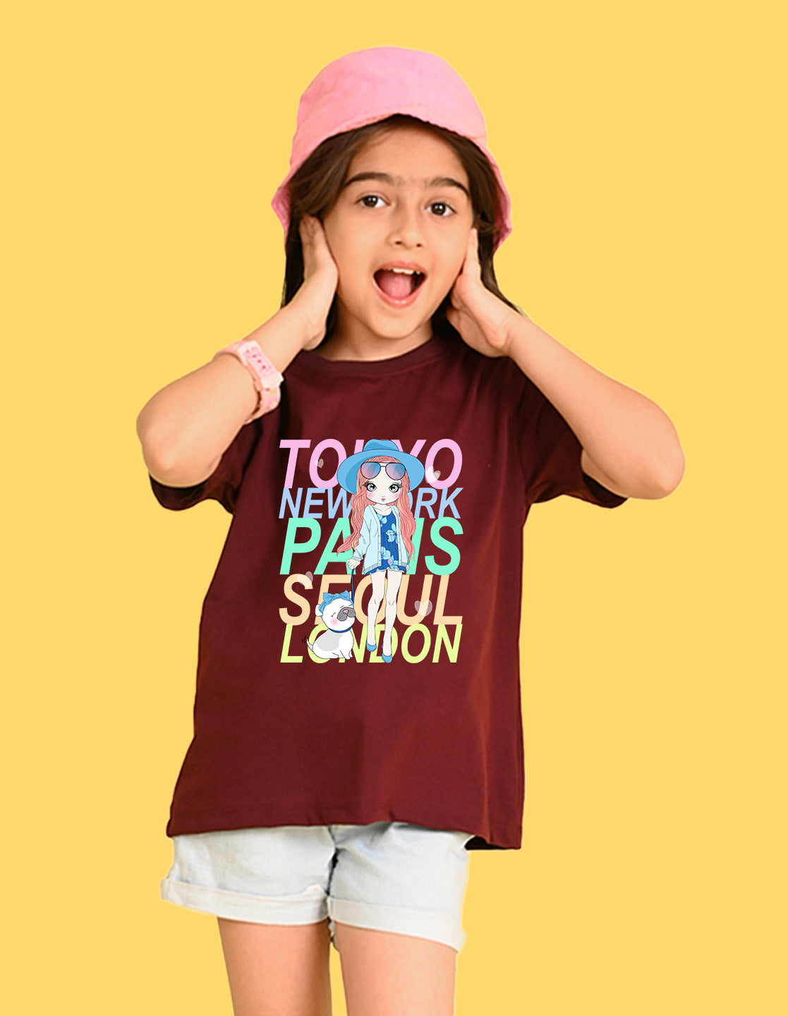 Nusyl Girl's Wine Cute Girl With Pug Printed Cotton blend Half Sleeve Drop Shoulder Oversized T-Shirt