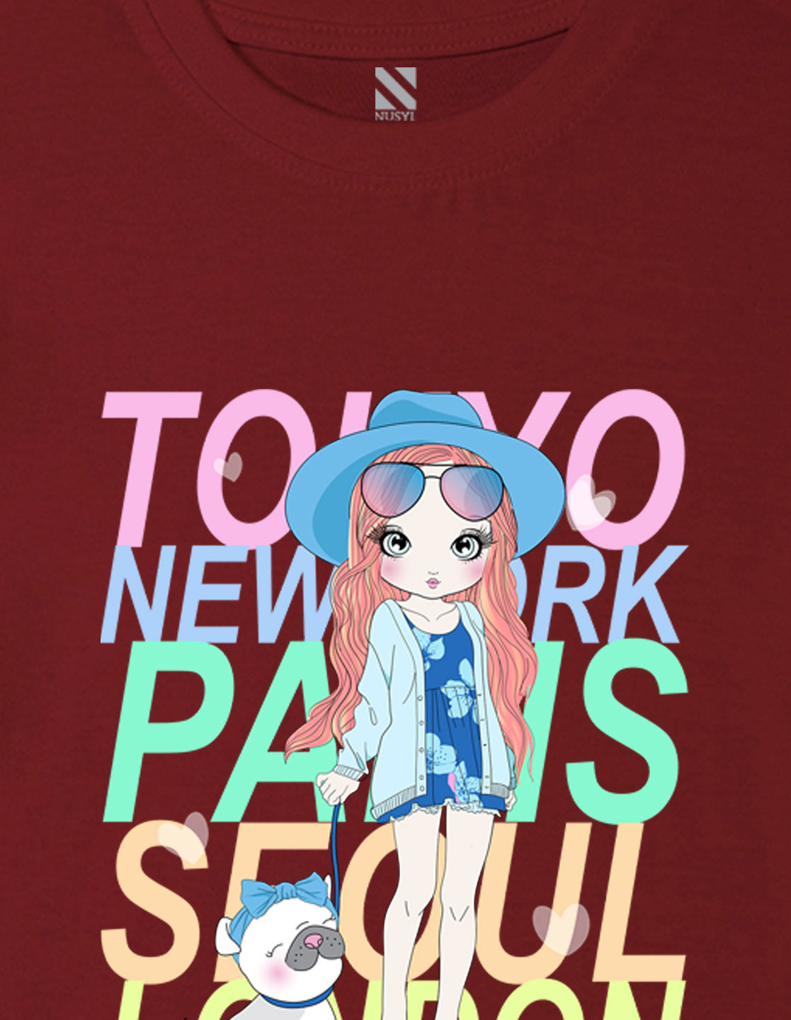 Nusyl Girl's Wine Cute Girl With Pug Printed Cotton blend Half Sleeve Drop Shoulder Oversized T-Shirt