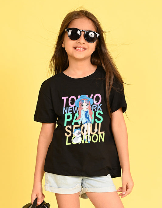 Nusyl Girl's Black Cute Girl With Pug Printed Cotton blend Half Sleeve Drop Shoulder Oversized T-Shirt