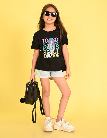 Nusyl Girl's Black Cute Girl With Pug Printed Cotton blend Half Sleeve Drop Shoulder Oversized T-Shirt