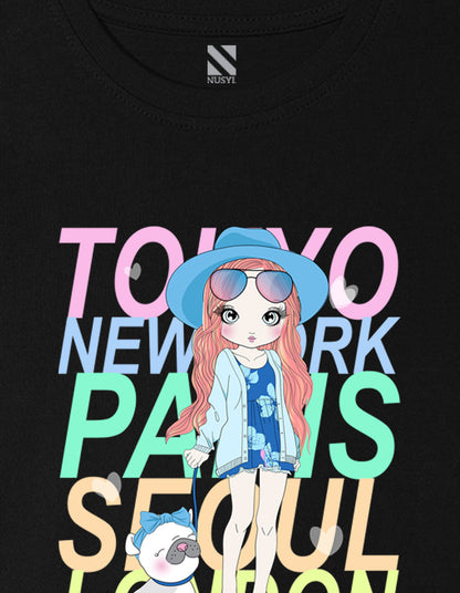 Nusyl Girl's Black Cute Girl With Pug Printed Cotton blend Half Sleeve Drop Shoulder Oversized T-Shirt