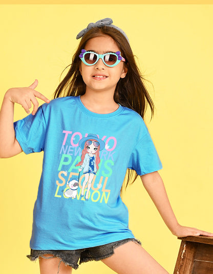 Nusyl Girl's Sky Blue Cute Girl With Pug Printed Cotton blend Half Sleeve Drop Shoulder Oversized T-Shirt