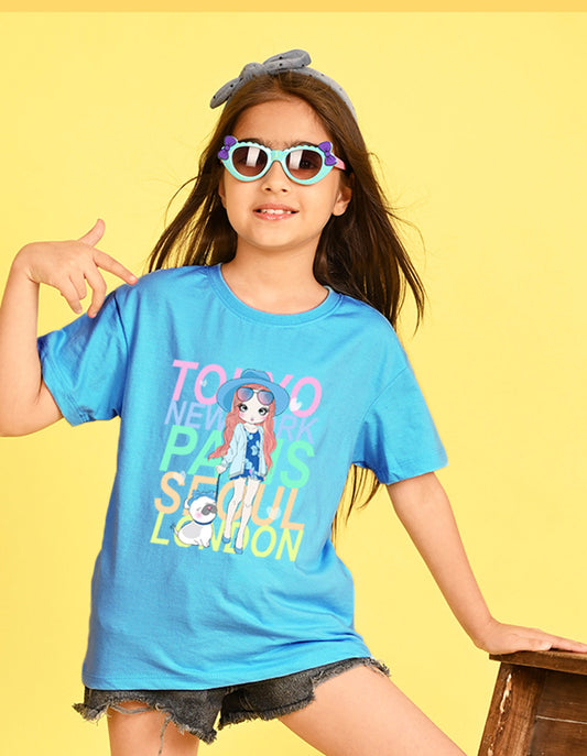 Nusyl Girl's Sky Blue Cute Girl With Pug Printed Cotton blend Half Sleeve Drop Shoulder Oversized T-Shirt