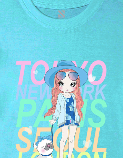 Nusyl Girl's Sky Blue Cute Girl With Pug Printed Cotton blend Half Sleeve Drop Shoulder Oversized T-Shirt