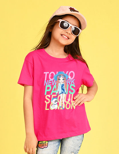 Nusyl Girl's Hot Pink Cute Girl With Pug Printed Cotton blend Half Sleeve Drop Shoulder Oversized T-Shirt