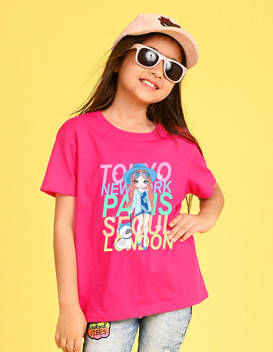 Nusyl Girl's Hot Pink Cute Girl With Pug Printed Cotton blend Half Sleeve Drop Shoulder Oversized T-Shirt