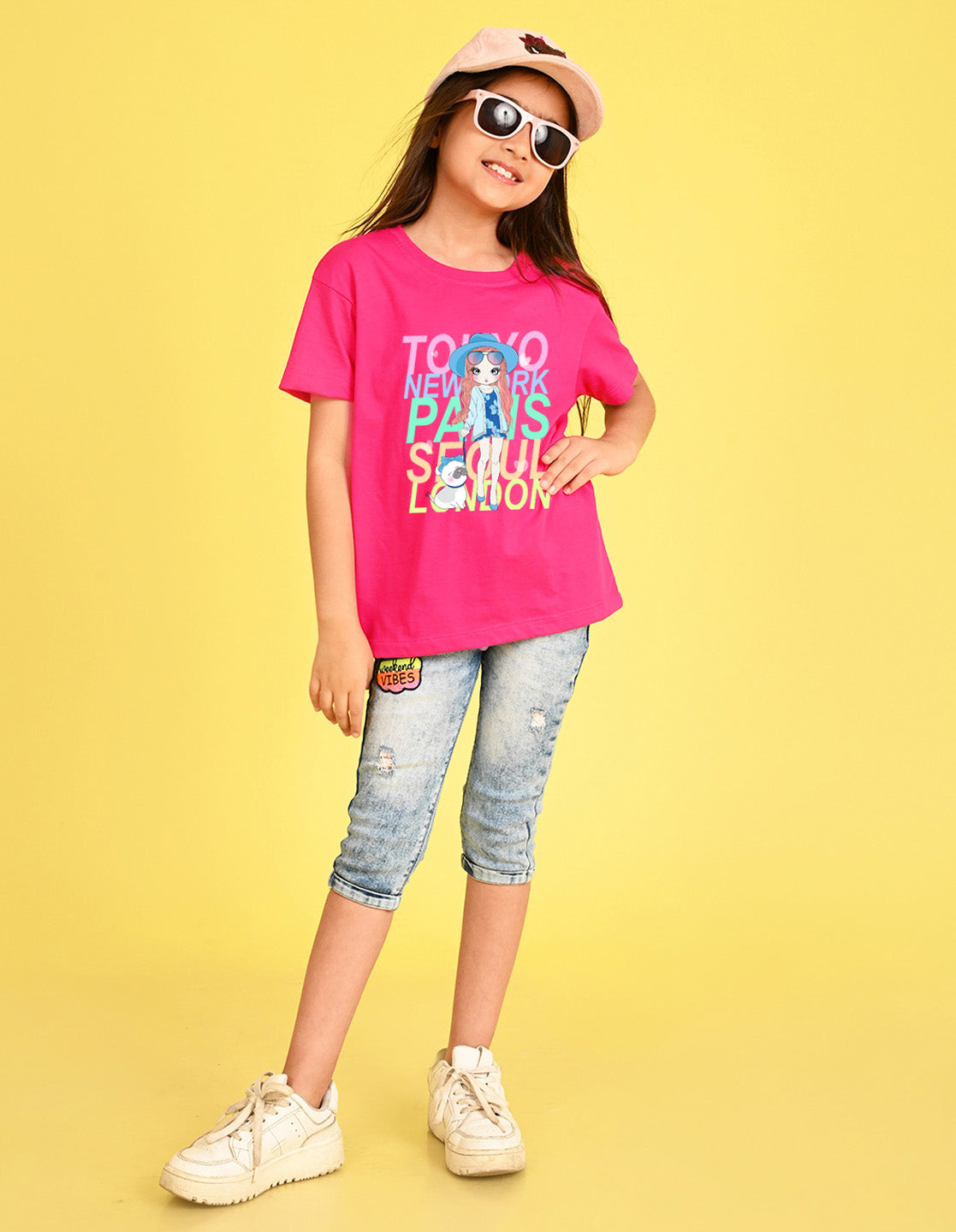 Nusyl Girl's Hot Pink Cute Girl With Pug Printed Cotton blend Half Sleeve Drop Shoulder Oversized T-Shirt