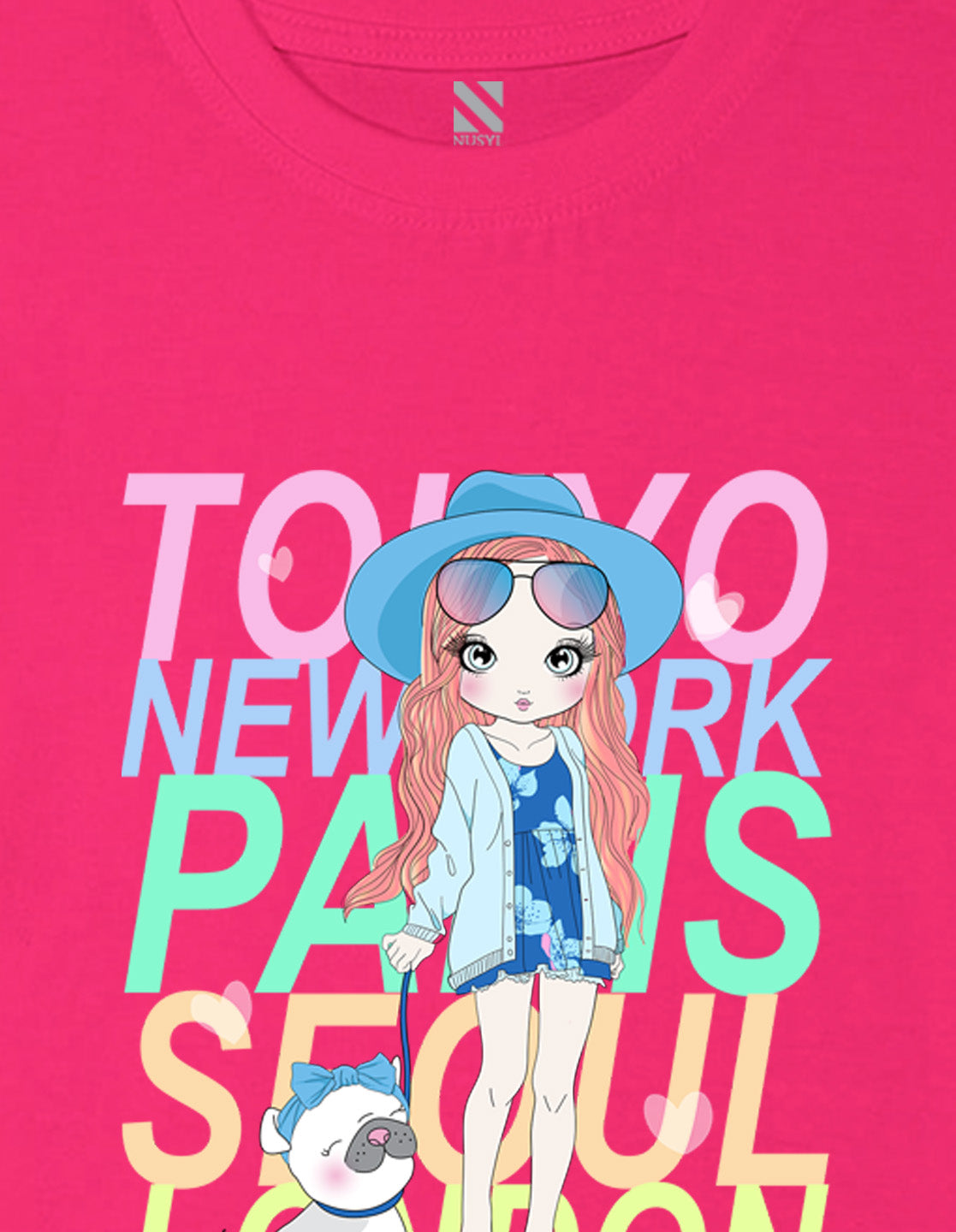 Nusyl Girl's Hot Pink Cute Girl With Pug Printed Cotton blend Half Sleeve Drop Shoulder Oversized T-Shirt