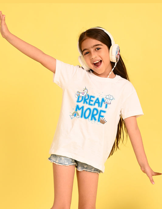 Nusyl Girl's White Dream More Text Printed Cotton blend Half Sleeve Drop Shoulder Oversized T-Shirt