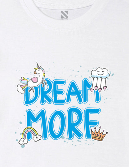 Nusyl Girl's White Dream More Text Printed Cotton blend Half Sleeve Drop Shoulder Oversized T-Shirt