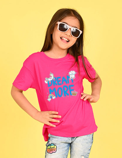 Nusyl Girl's Hot Pink Dream More Text Printed Cotton blend Half Sleeve Drop Shoulder Oversized T-Shirt