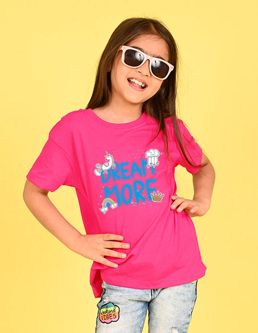 Nusyl Girl's Hot Pink Dream More Text Printed Cotton blend Half Sleeve Drop Shoulder Oversized T-Shirt