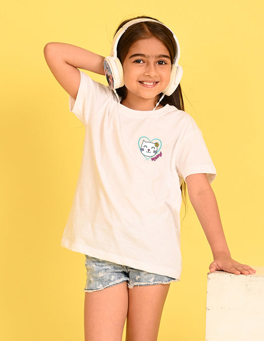 Nusyl Girl's White Cute Cat Meow Printed Cotton blend Half Sleeve Drop Shoulder Oversized T-Shirt