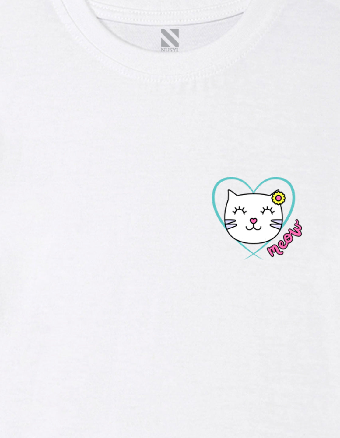 Nusyl Girl's White Cute Cat Meow Printed Cotton blend Half Sleeve Drop Shoulder Oversized T-Shirt