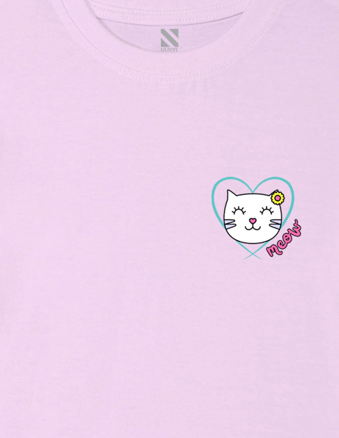 Nusyl Girl's Lilac Cute Cat Meow Printed Cotton blend Half Sleeve Drop Shoulder Oversized T-Shirt