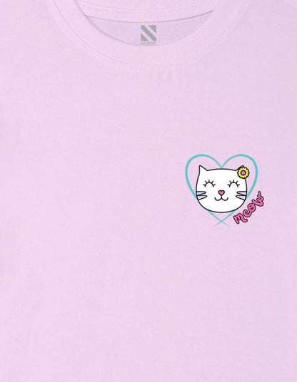 Nusyl Girl's Lilac Cute Cat Meow Printed Cotton blend Half Sleeve Drop Shoulder Oversized T-Shirt