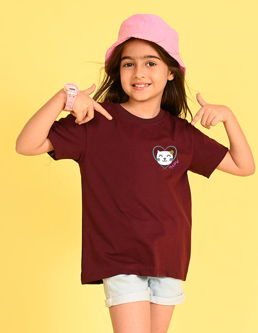 Nusyl Girl's Wine Cute Cat Meow Printed Cotton blend Half Sleeve Drop Shoulder Oversized T-Shirt