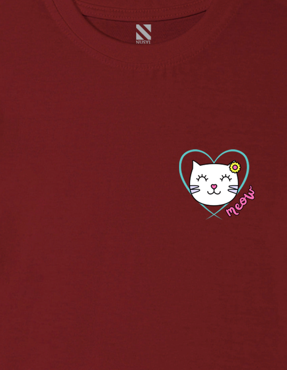 Nusyl Girl's Wine Cute Cat Meow Printed Cotton blend Half Sleeve Drop Shoulder Oversized T-Shirt