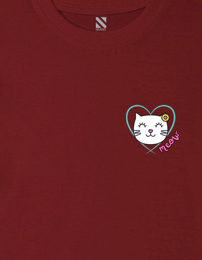 Nusyl Girl's Wine Cute Cat Meow Printed Cotton blend Half Sleeve Drop Shoulder Oversized T-Shirt