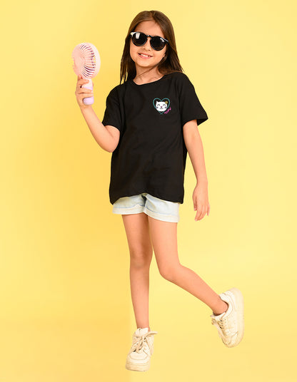 Nusyl Girl's Black Cute Cat Meow Printed Cotton blend Half Sleeve Drop Shoulder Oversized T-Shirt