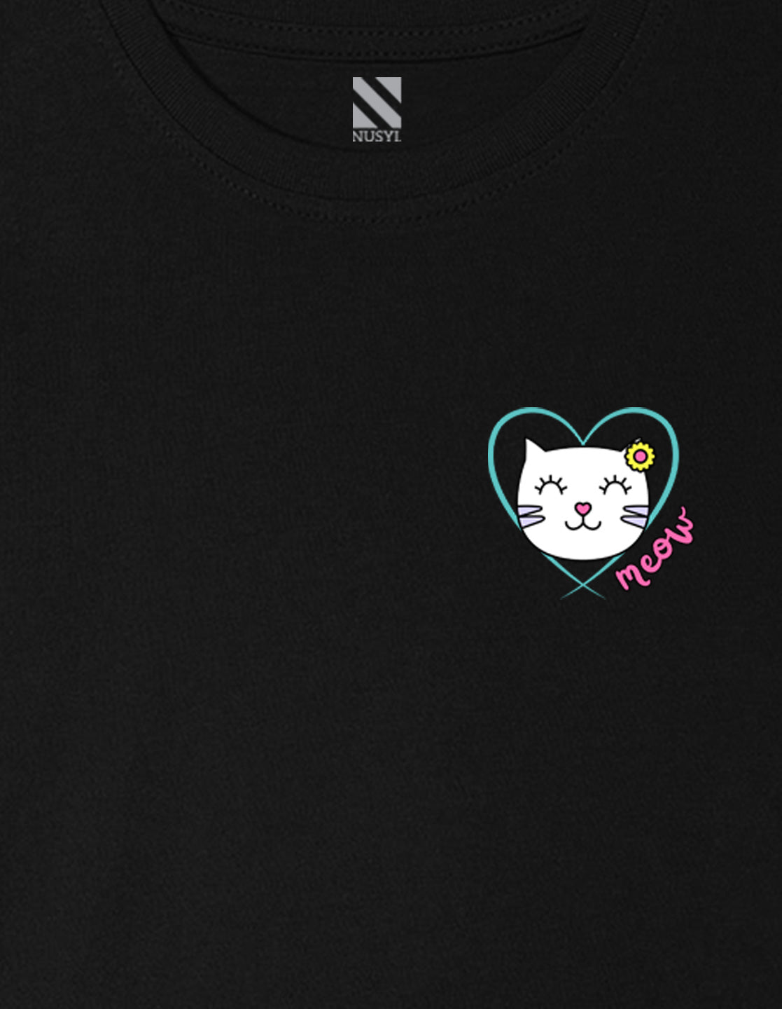 Nusyl Girl's Black Cute Cat Meow Printed Cotton blend Half Sleeve Drop Shoulder Oversized T-Shirt