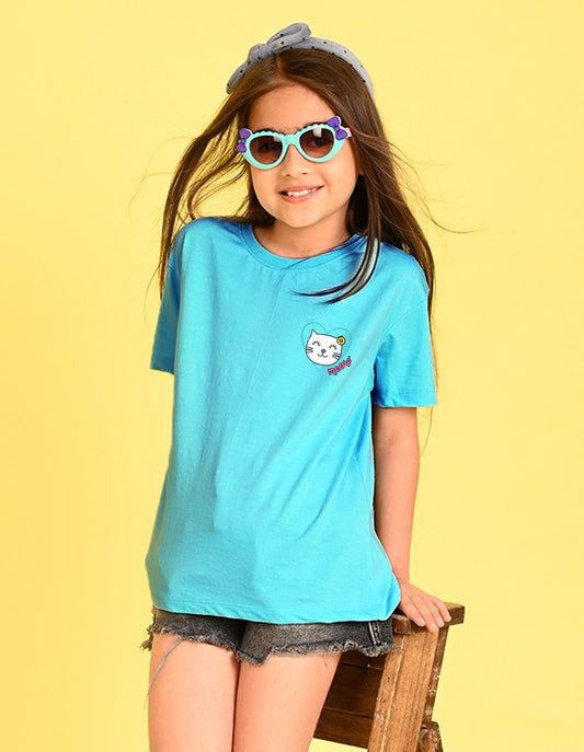 Nusyl Girl's Sky Blue Cute Cat Meow Printed Cotton blend Half Sleeve Drop Shoulder Oversized T-Shirt