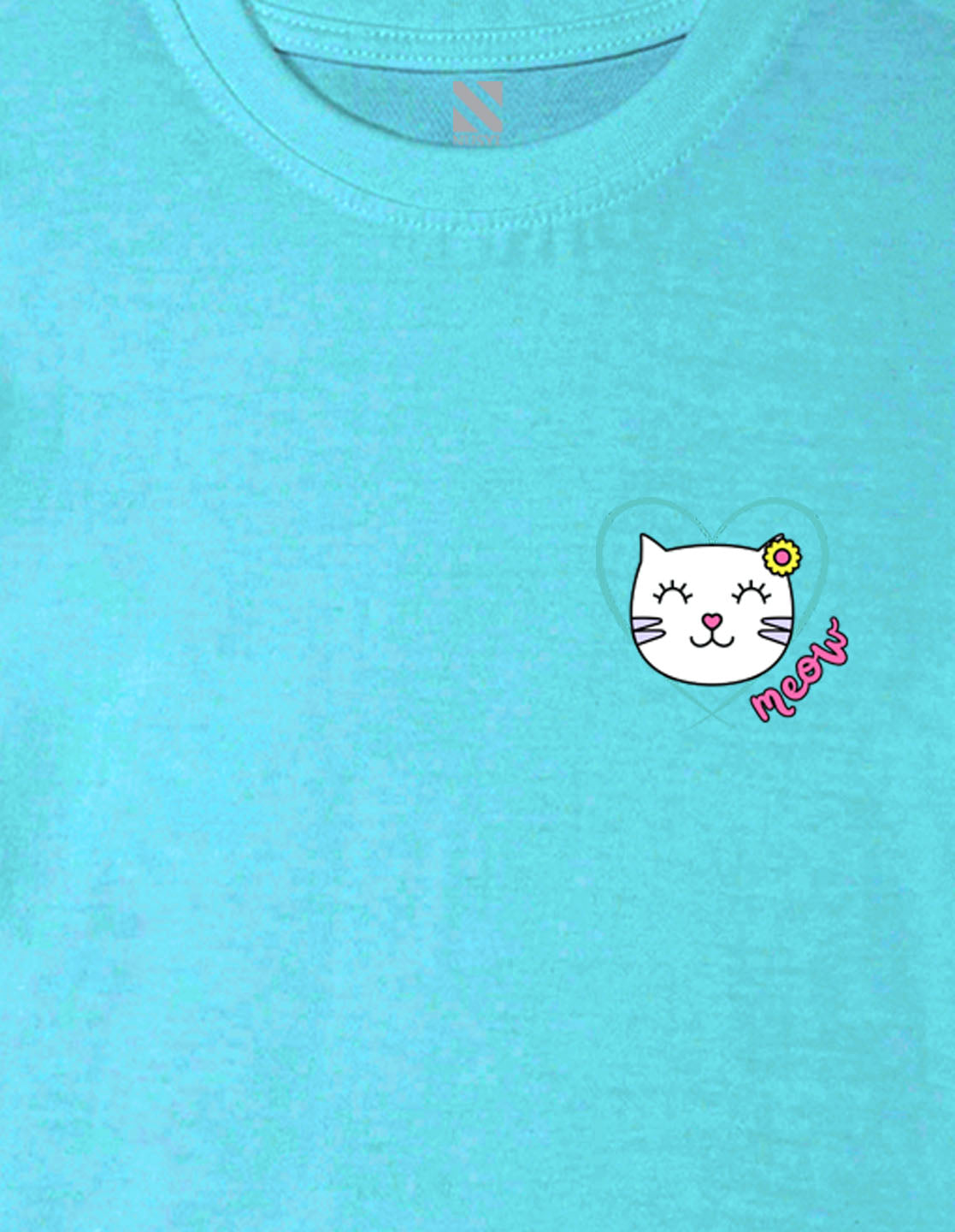 Nusyl Girl's Sky Blue Cute Cat Meow Printed Cotton blend Half Sleeve Drop Shoulder Oversized T-Shirt