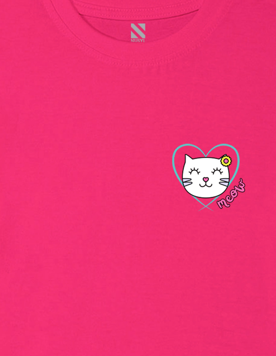 Nusyl Girl's Hot Pink Cute Cat Meow Printed Cotton blend Half Sleeve Drop Shoulder Oversized T-Shirt