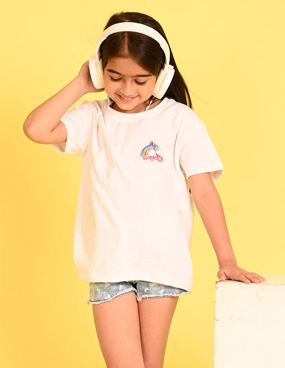 Nusyl Girl's White Unicorn Cartoon Printed Cotton blend Half Sleeve Drop Shoulder Oversized T-Shirt