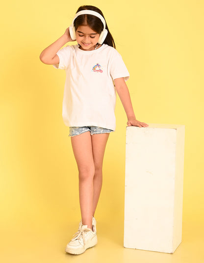 Nusyl Girl's White Unicorn Cartoon Printed Cotton blend Half Sleeve Drop Shoulder Oversized T-Shirt