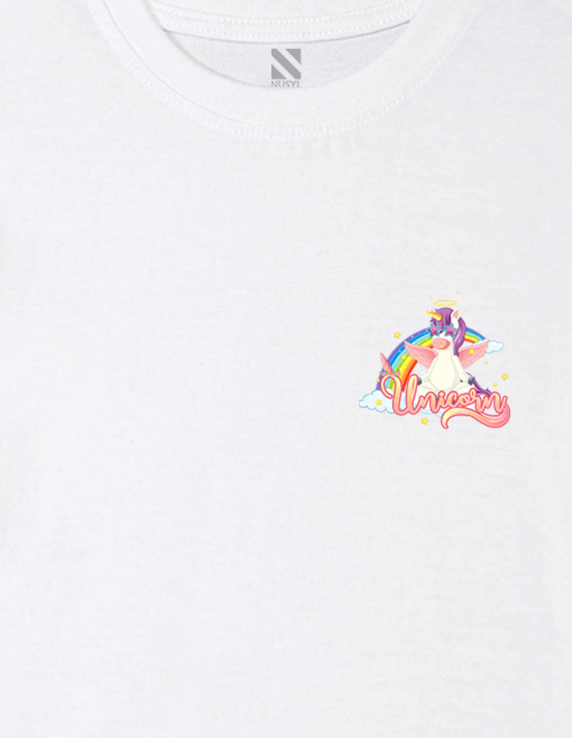 Nusyl Girl's White Unicorn Cartoon Printed Cotton blend Half Sleeve Drop Shoulder Oversized T-Shirt