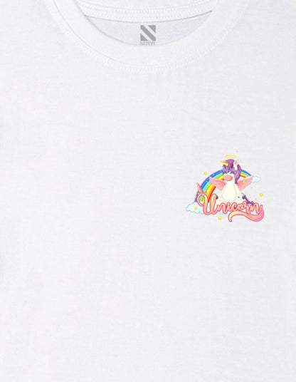 Nusyl Girl's White Unicorn Cartoon Printed Cotton blend Half Sleeve Drop Shoulder Oversized T-Shirt