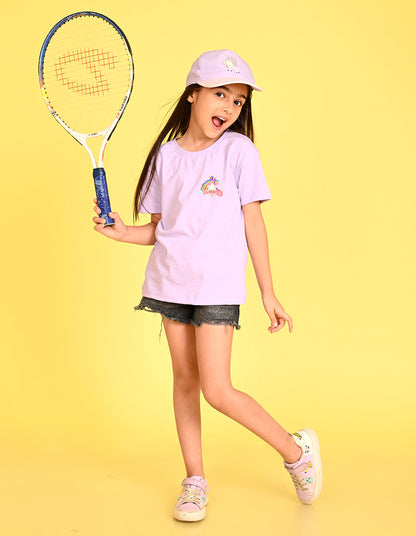 Nusyl Girl's Lilac Unicorn Cartoon Printed Cotton blend Half Sleeve Drop Shoulder Oversized T-Shirt