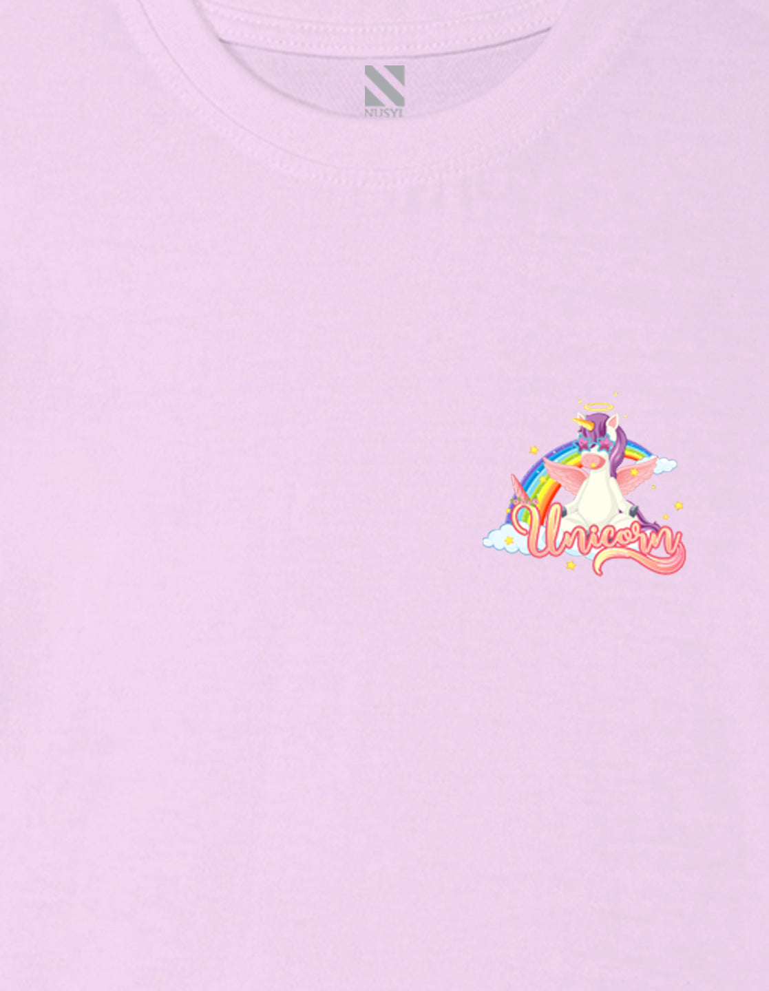 Nusyl Girl's Lilac Unicorn Cartoon Printed Cotton blend Half Sleeve Drop Shoulder Oversized T-Shirt