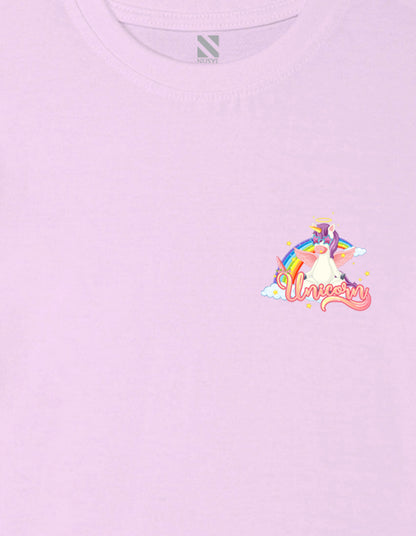 Nusyl Girl's Lilac Unicorn Cartoon Printed Cotton blend Half Sleeve Drop Shoulder Oversized T-Shirt