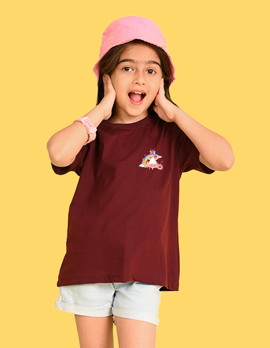 Nusyl Girl's Wine Unicorn Cartoon Printed Cotton blend Half Sleeve Drop Shoulder Oversized T-Shirt