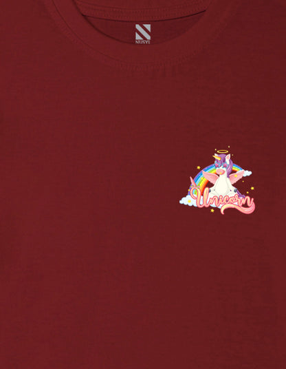 Nusyl Girl's Wine Unicorn Cartoon Printed Cotton blend Half Sleeve Drop Shoulder Oversized T-Shirt
