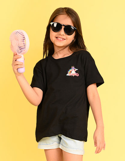 Nusyl Girl's Black Unicorn Cartoon Printed Cotton blend Half Sleeve Drop Shoulder Oversized T-Shirt