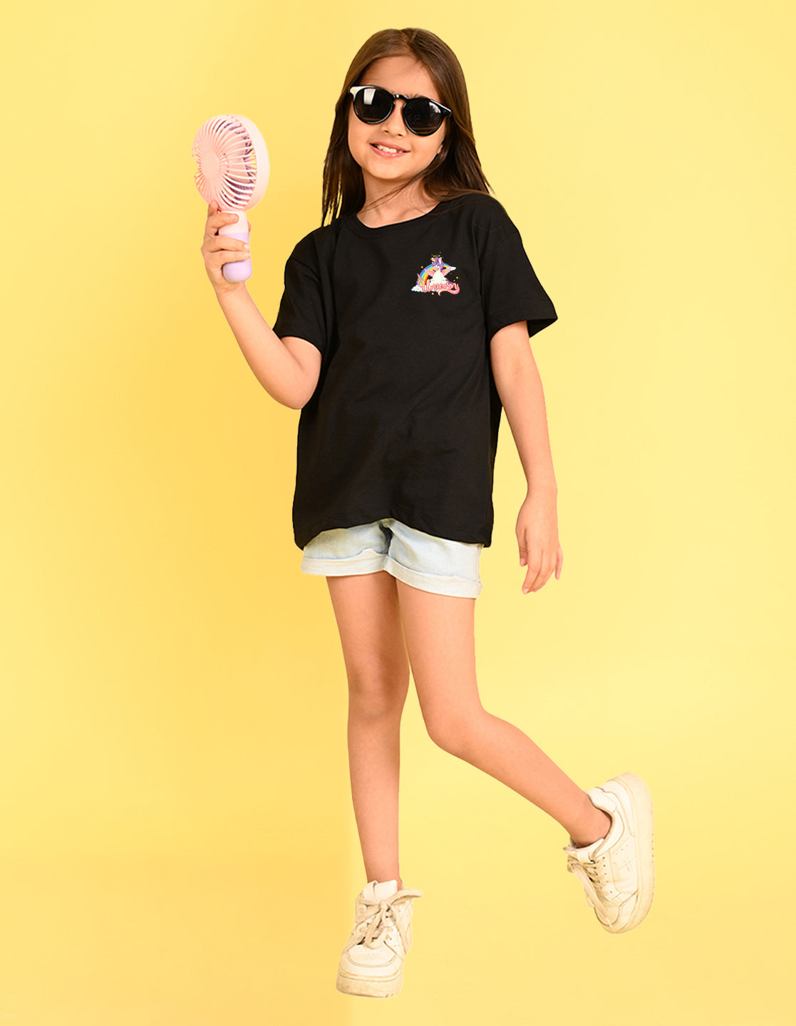 Nusyl Girl's Black Unicorn Cartoon Printed Cotton blend Half Sleeve Drop Shoulder Oversized T-Shirt