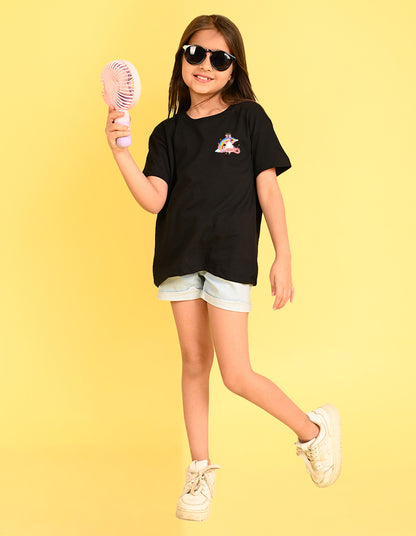 Nusyl Girl's Black Unicorn Cartoon Printed Cotton blend Half Sleeve Drop Shoulder Oversized T-Shirt