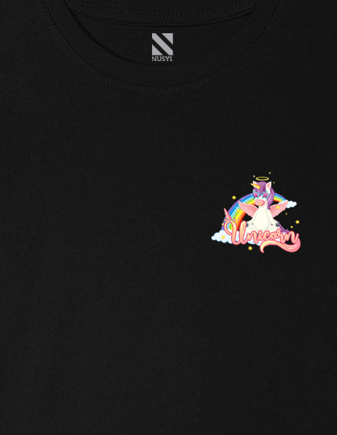 Nusyl Girl's Black Unicorn Cartoon Printed Cotton blend Half Sleeve Drop Shoulder Oversized T-Shirt