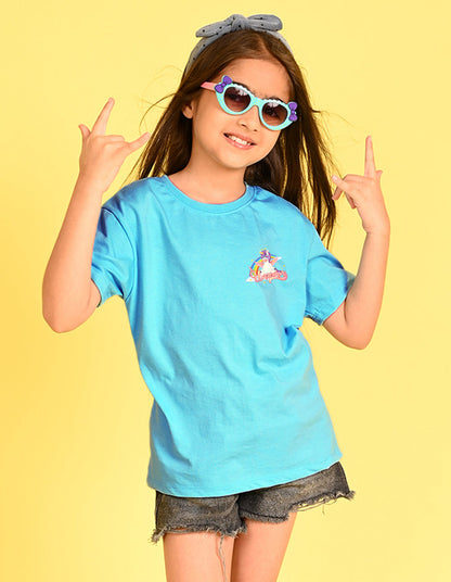 Nusyl Girl's Sky Blue Unicorn Cartoon Printed Cotton blend Half Sleeve Drop Shoulder Oversized T-Shirt