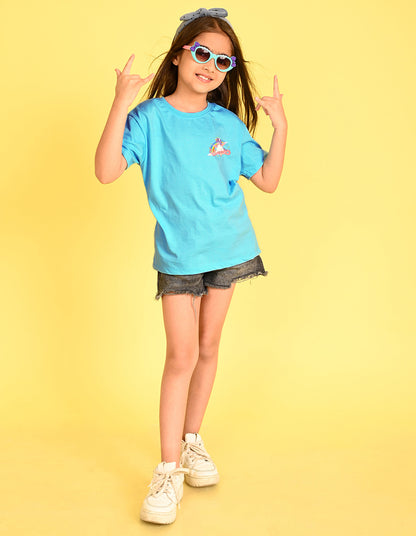 Nusyl Girl's Sky Blue Unicorn Cartoon Printed Cotton blend Half Sleeve Drop Shoulder Oversized T-Shirt