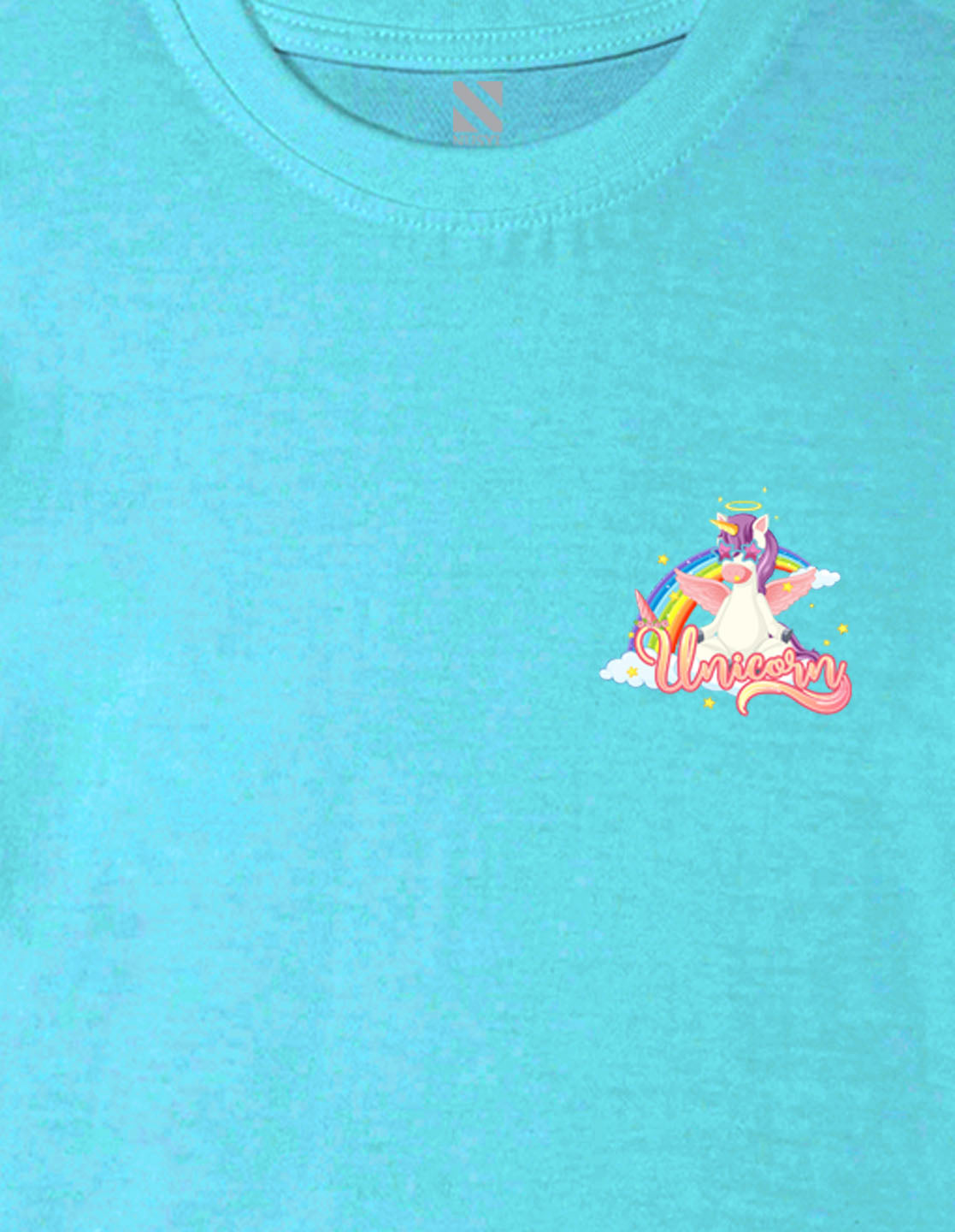 Nusyl Girl's Sky Blue Unicorn Cartoon Printed Cotton blend Half Sleeve Drop Shoulder Oversized T-Shirt