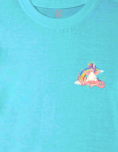 Nusyl Girl's Sky Blue Unicorn Cartoon Printed Cotton blend Half Sleeve Drop Shoulder Oversized T-Shirt