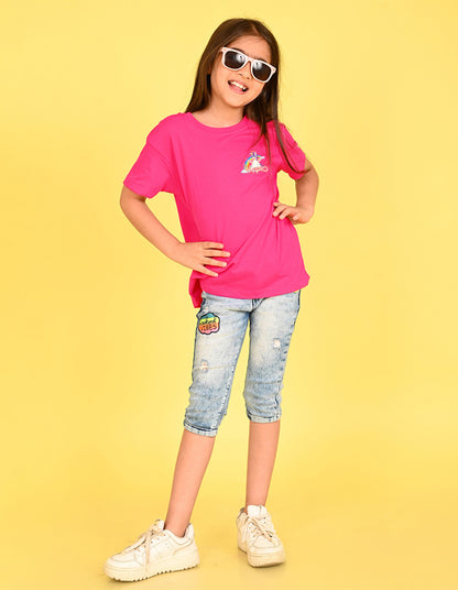 Nusyl Girl's Hot Pink Unicorn Cartoon Printed Cotton blend Half Sleeve Drop Shoulder Oversized T-Shirt