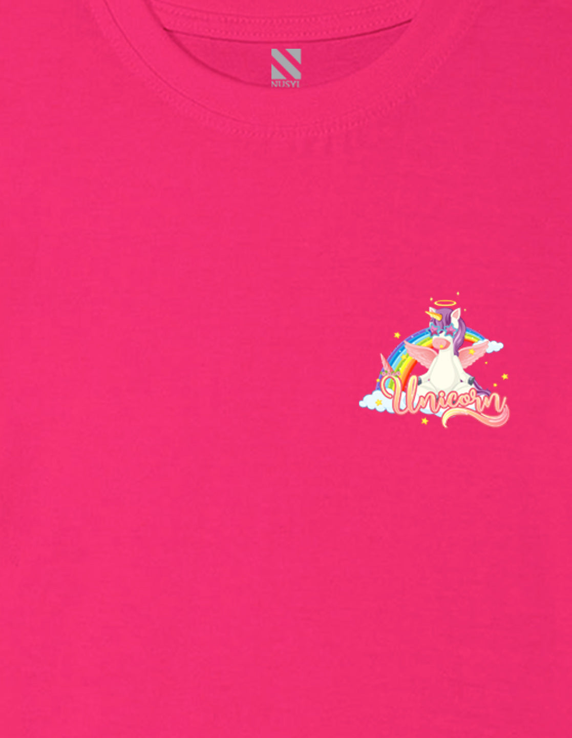 Nusyl Girl's Hot Pink Unicorn Cartoon Printed Cotton blend Half Sleeve Drop Shoulder Oversized T-Shirt