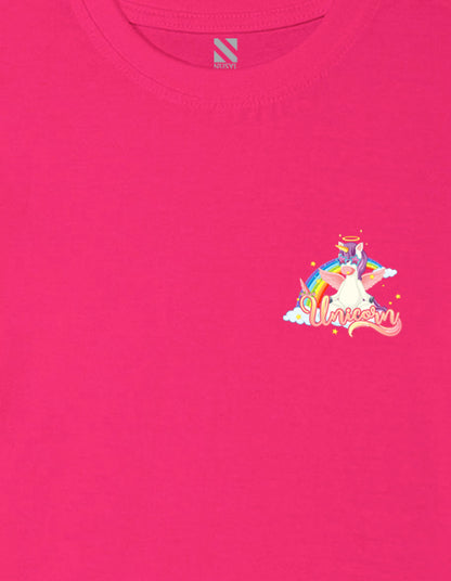 Nusyl Girl's Hot Pink Unicorn Cartoon Printed Cotton blend Half Sleeve Drop Shoulder Oversized T-Shirt