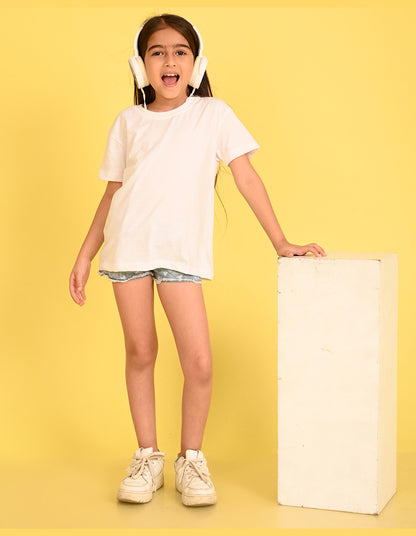 Nusyl Girl's White Smiley Face Printed Cotton blend Half Sleeve Drop Shoulder Oversized T-Shirt