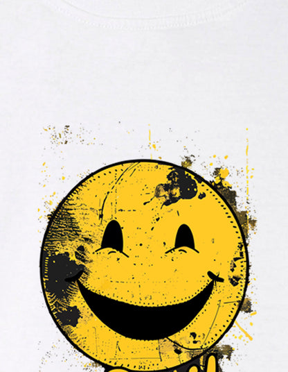 Nusyl Girl's White Smiley Face Printed Cotton blend Half Sleeve Drop Shoulder Oversized T-Shirt